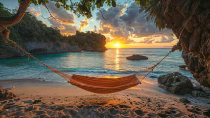 A Hammock Hangs Between Two Trees On A Sandy Beach, Gently Swaying In The Breeze. Ideal for...