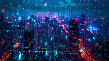 Futuristic cityscape with digital network overlay