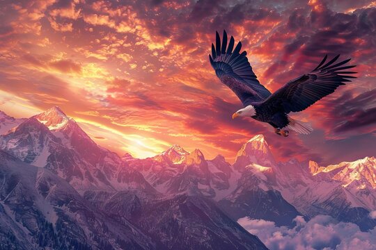 Majestic bald eagle soaring above rugged mountain peaks against a vibrant sunset sky, detailed digital painting
