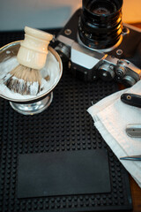 Scissors and shaving accessories and an old camera