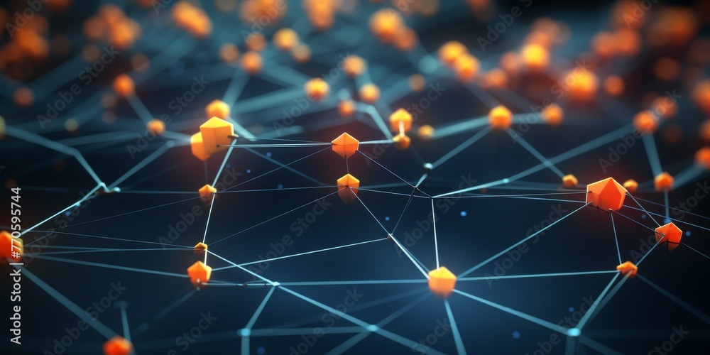Poster interconnected nodes network abstract artwork in digital format.