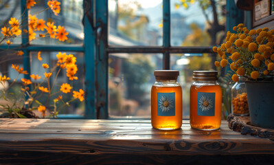 Two jars of honey sit on a wooden table next to a vase of flowers. The jars are labeled with a flower design
