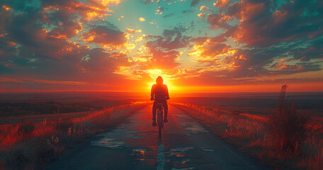 A person is riding a bike on a road at sunset. The sky is orange and the sun is setting - obrazy, fototapety, plakaty
