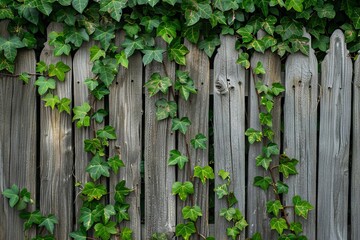 Old Wooden Fence with Weaving Green Ivy - Rustic Nature Background, Isolated