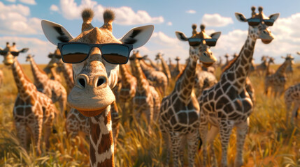 A group of giraffes with sunglasses smile at the camera, against an African savanna background
