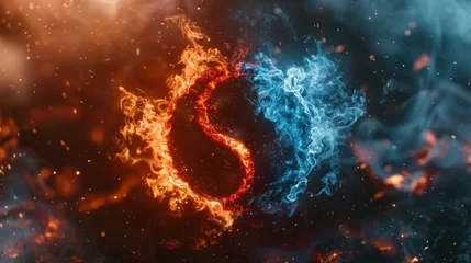 Fotobehang Yin and Yang symbol in fire and ice with smoke and spark effect © 2D_Jungle