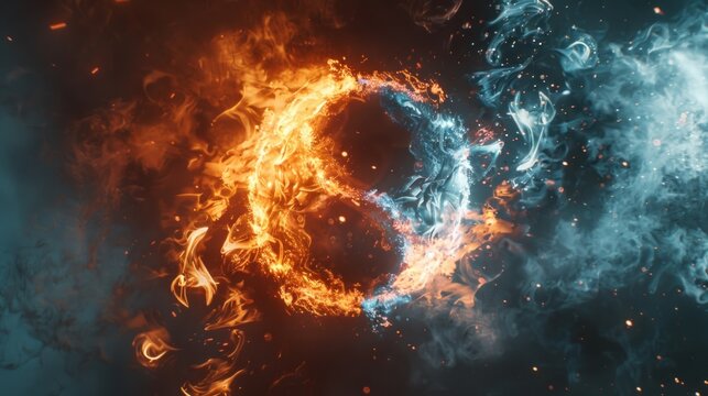 Yin and Yang symbol in fire and ice with smoke and spark effect