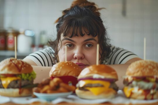 Overweight Woman Struggling with Unhealthy Lifestyle Choices, Junk Food Addiction Concept