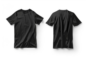 Plain black t-shirt mockup design, front and rear view, isolated on a clean white background, apparel photography