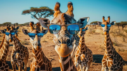 A group of giraffes with sunglasses smile at the camera, against an African savanna background