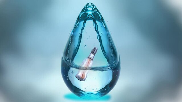 message in bottle in drop of water, concept art, imagination, weired