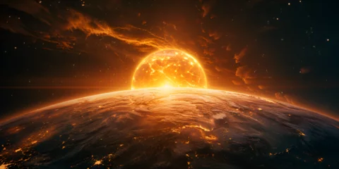 Fotobehang Venus planet realistic earth night with air routes with stars orange color sun light dark background © Nabeel