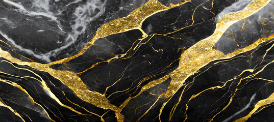 Black marble texture design, colorful dark marble surface, curved golden lines, bright abstruct. Generative AI.