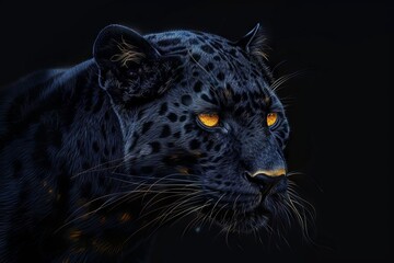 Realistic digital art illustration of a black panther with piercing eyes on dark background