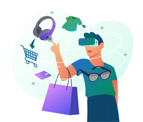 Virtual reality shopping concept. Shopping in metaverse. Man in VR Goggles buying stuff. Vector illustration 