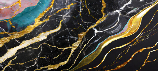 Black marble texture design, colorful dark marble surface, curved golden lines, bright abstruct....