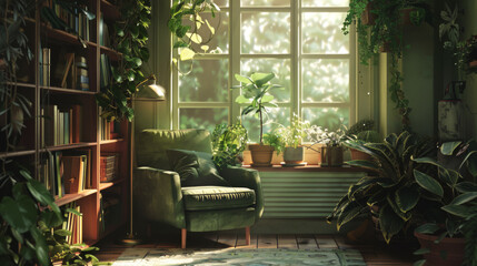 A vintage green reading nook adorned with numerous houseplants, books, and warm light - obrazy, fototapety, plakaty
