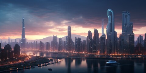 Fototapeta na wymiar Futuristic Skyline Dusk Cityscape Urban Progress Technology Buildings Twilight Panorama