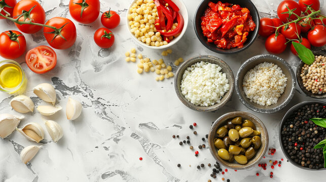 A variety of vegetables and spices are laid out on a counter. The vegetables include tomatoes, peppers, and garlic. The spices include salt, pepper, and olive oil. Concept of abundance and variety