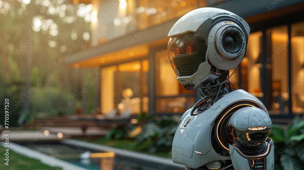 Poster robot standing in front of a house