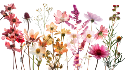 A collection of pressed and dried flowers, artistically arranged, isolated on transparent background