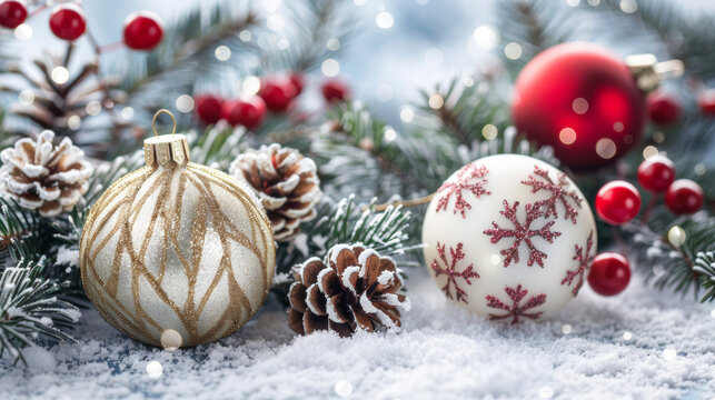 A white and gold ornament sits on a snowy ground next to a red and white ornament. The scene is festive and joyful, with the snow adding a sense of magic and wonder to the image