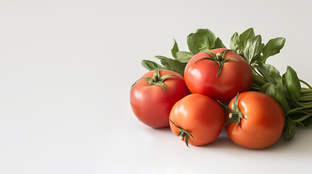 A bunch of tomatoes on a white background, viewed from the side, in the style of food photography with a minimalist style