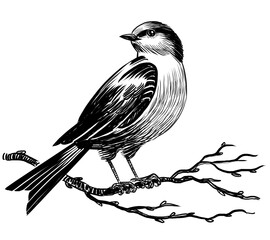 Bird on a tree branch. Hand drawn retro styled black and white illustration - 770599144