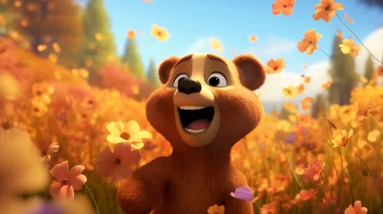 Foto op Canvas A lovable 3D cartoon bear showcasing its charisma and wit as it talks and presents with animated flair, its dynamic performance captured in HD clarity, promising both entertainment and enlightenment. © komal