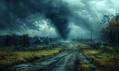 Fototapeta premium A painting of a storm with a tornado in the middle of it. The sky is dark and the painting has a mood of fear and danger