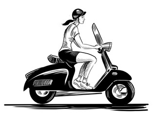 Woman riding a scooter. Hand drawn retro styled black and white illustration - 770599308