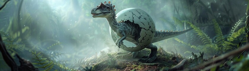 A baby dinosaur breaks free from its egg in a mystical misty forest - obrazy, fototapety, plakaty