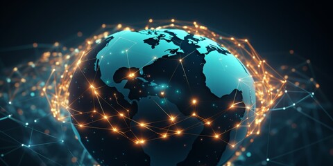 Interconnected Global Network Concept with Close-up of Globe and Lines.
