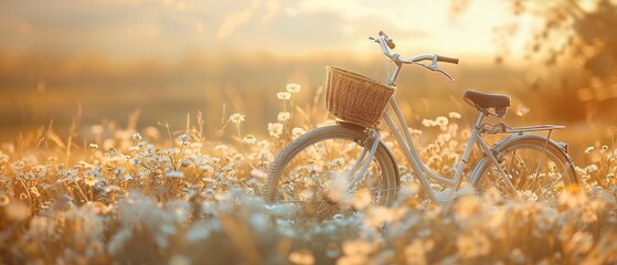 A classic white bicycle with a wicker basket stands in a wildflower field - Powered by Adobe