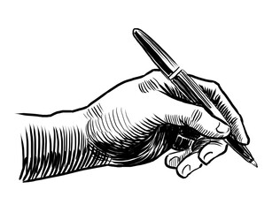 Hand with a pen. Hand drawn retro styled black and white illustration - 770599387