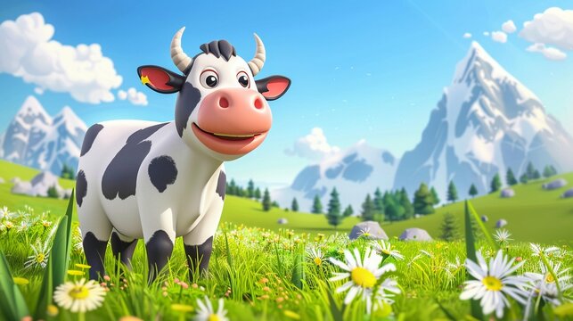 A cheerful cow cartoon enjoying a sunny day in a vibrant alpine meadow