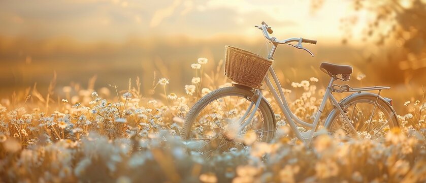 A classic white bicycle with a wicker basket stands in a wildflower field