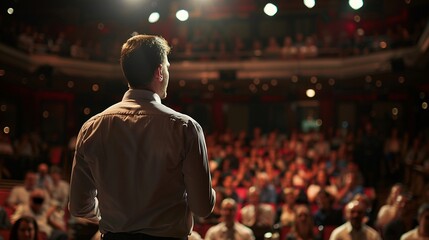 A Confident male public speaker on stage at a conference with audience in the background clapping