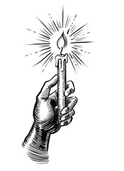 Hand with a candle. Hand drawn retro styled black and white illustration - 770599518