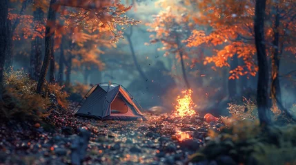 Wandaufkleber A cozy camping scene with a tent and a roaring campfire in a tranquil forest during autumn season. © Creative_Bringer