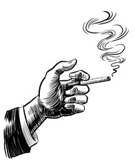 Hand with marijuana joint. Hand drawn retro styled black and white illustration - 770599554