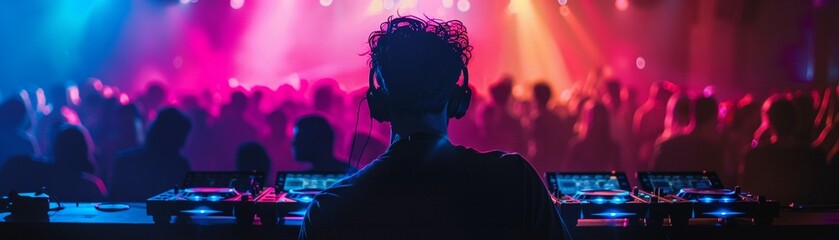 A DJ at a club mixing tracks with vibrant lights and a crowd of people dancing