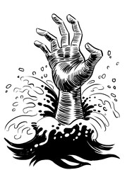 Drowning hand. Hand drawn retro styled black and white illustration - 770599591