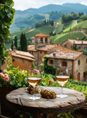 Naklejka premium Two wine glasses on a table with a view of a vineyard. The scene has a peaceful and relaxing mood