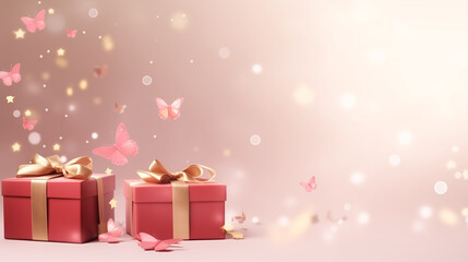 Background valentine's day,Mother's day, gift box with golden heart,Bokeh and butterfly,with space for your text.