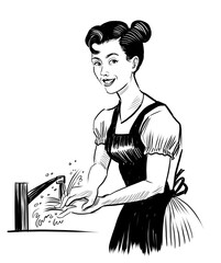 Woman washing hands. Hand drawn retro styled black and white illustration - 770599712
