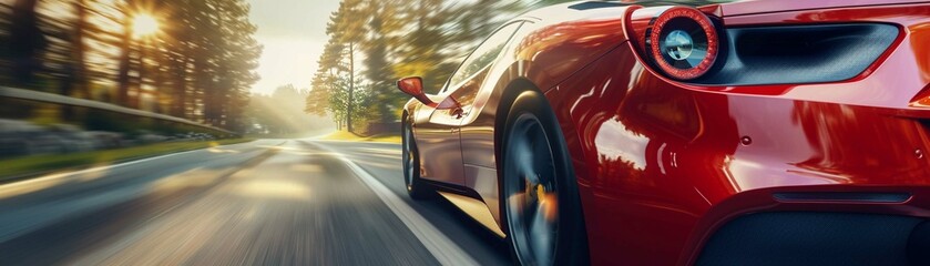 A High-speed red sports car driving on a country road with motion blur