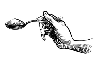 Hand with a spoon of cereal. Hand drawn retro styled black and white illustration - 770599740