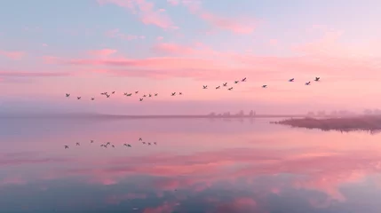 Foto op Plexiglas A flock of migratory birds flying in formation over a calm pristine wetland at dawn. © Martin