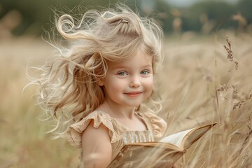 A joyful child with windblown hair and an open book imagines an adventure - obrazy, fototapety, plakaty
